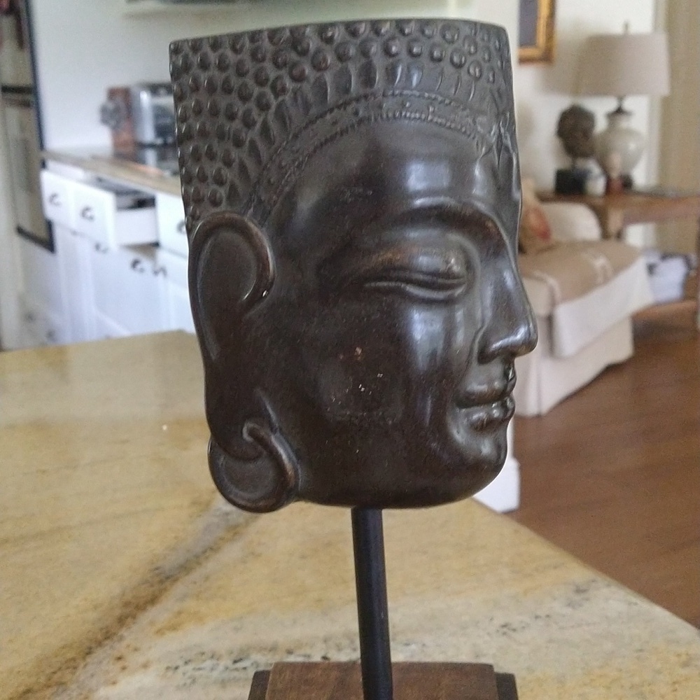 Buddha sculpture 11" tall tropical Asian spiritual bookend wood base